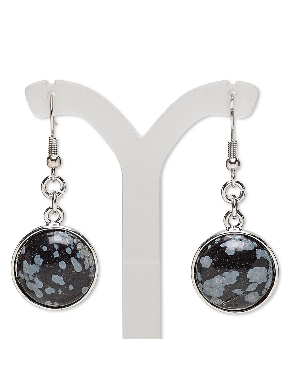 Handcrafted Natural Snowflake Obsidian Gemstone Cabochon Silver Dangle Earrings